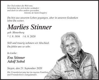Traueranzeige von Marlies Stinner von Siegener Zeitung