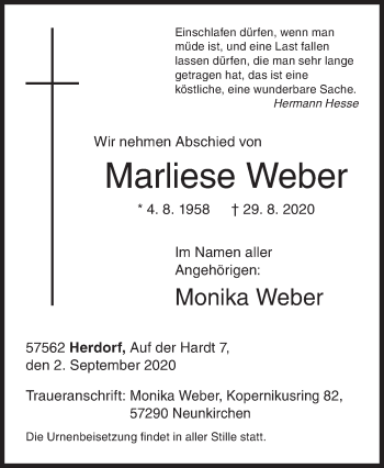 Traueranzeige von Marliese Weber von Siegener Zeitung