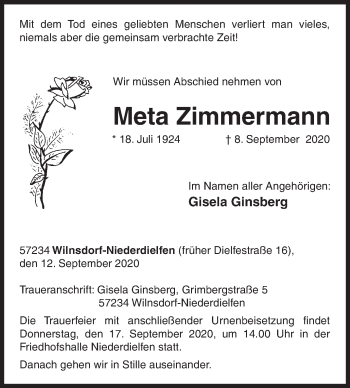 Traueranzeige von Meta Zimmermann von Siegener Zeitung