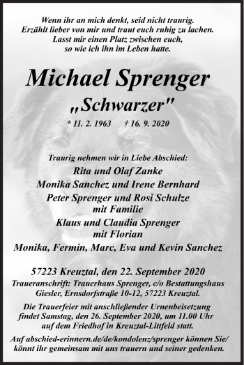 Traueranzeige von Michael Sprenger von Siegener Zeitung