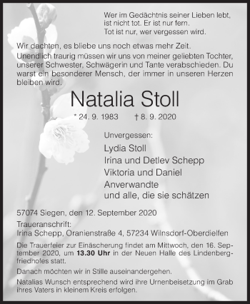 Traueranzeige von Natalöia Stoll von Siegener Zeitung