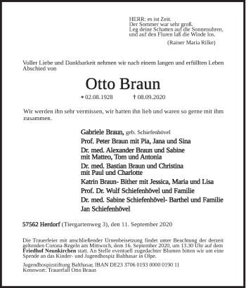 Traueranzeige von Otto Braun von Siegener Zeitung