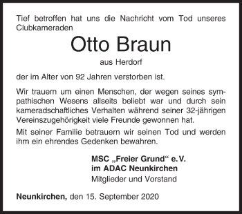 Traueranzeige von Otto Braun von Siegener Zeitung