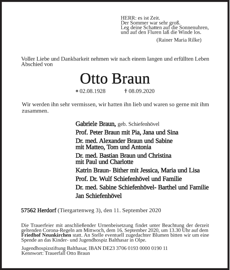  Traueranzeige für Otto Braun vom 11.09.2020 aus Siegener Zeitung