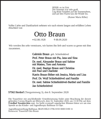 Traueranzeige von Otto Braun von Siegener Zeitung