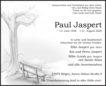 Traueranzeige von Paul Jaspert von Siegener Zeitung