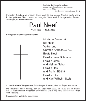 Traueranzeige von Paul Neef von Siegener Zeitung