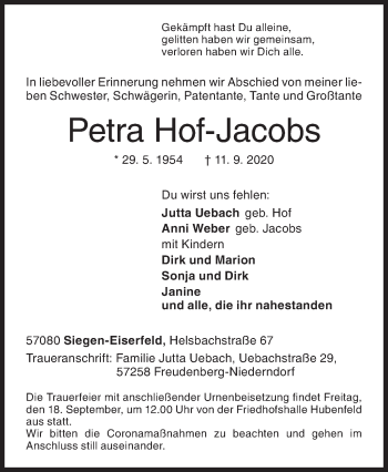 Traueranzeige von Petra Hof-Jacobs von Siegener Zeitung