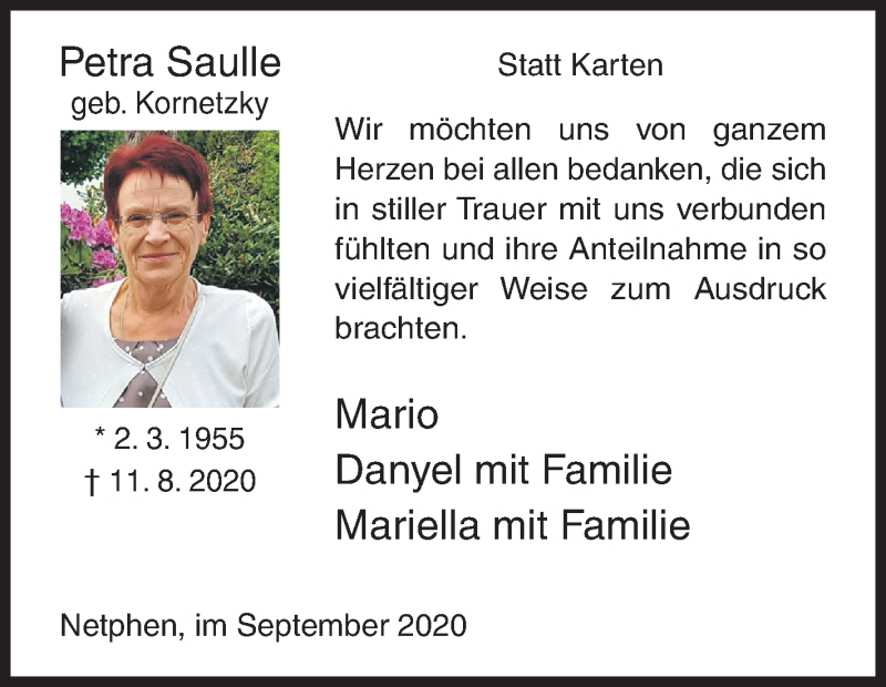  Traueranzeige für Petra Saulle vom 12.09.2020 aus Siegener Zeitung