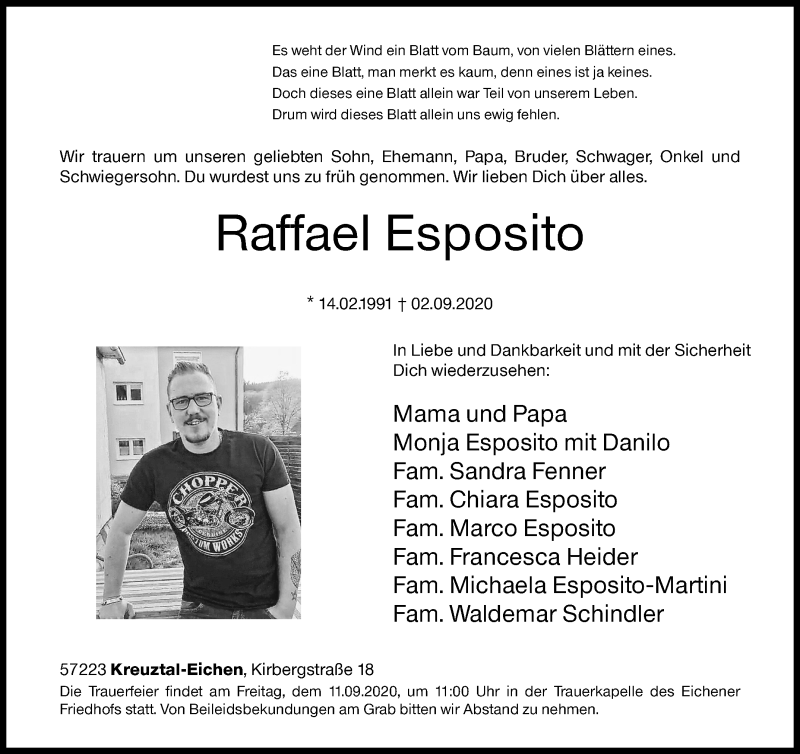  Traueranzeige für Raffael Esposito vom 07.09.2020 aus Siegener Zeitung