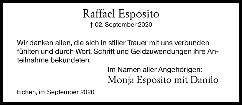  Traueranzeige für Raffael Esposito vom 26.09.2020 aus Siegener Zeitung