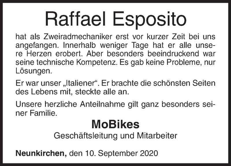  Traueranzeige für Raffael Esposito vom 11.09.2020 aus Siegener Zeitung