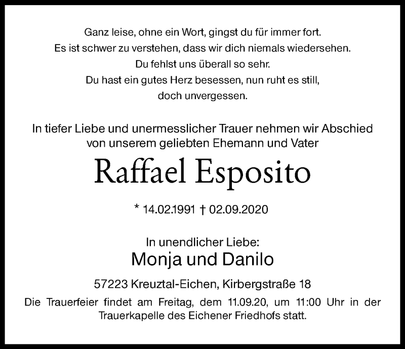  Traueranzeige für Raffael Esposito vom 07.09.2020 aus Siegener Zeitung