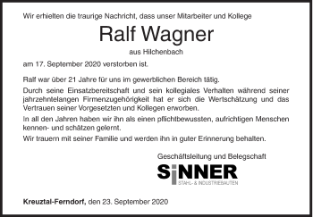 Traueranzeige von Ralf Wagner von Siegener Zeitung