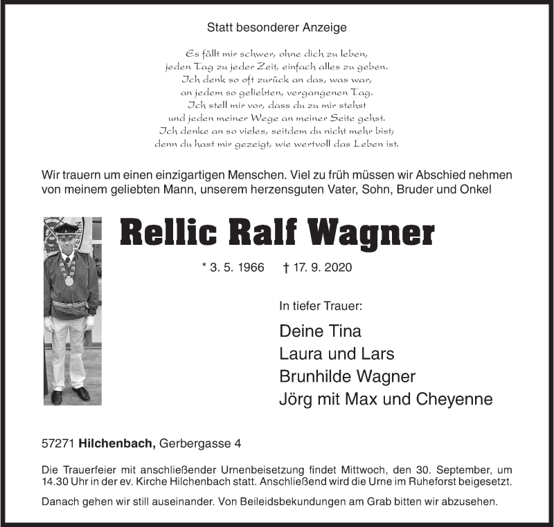  Traueranzeige für Rellic Ralf Wagner vom 23.09.2020 aus Siegener Zeitung