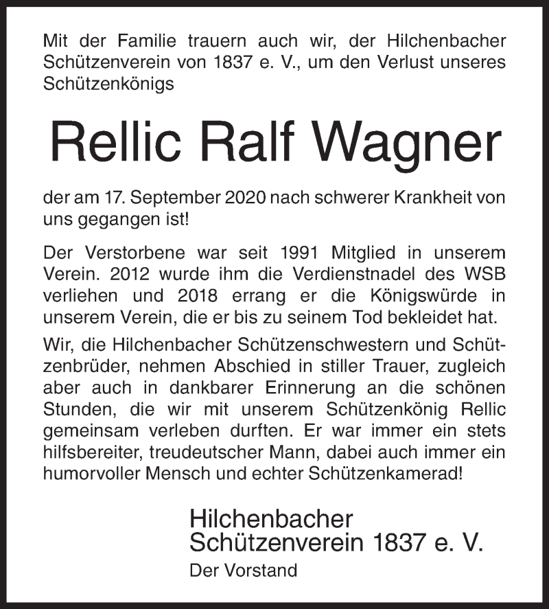  Traueranzeige für Rellic Ralf Wagner vom 23.09.2020 aus Siegener Zeitung