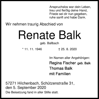 Traueranzeige von Renate Balk von Siegener Zeitung