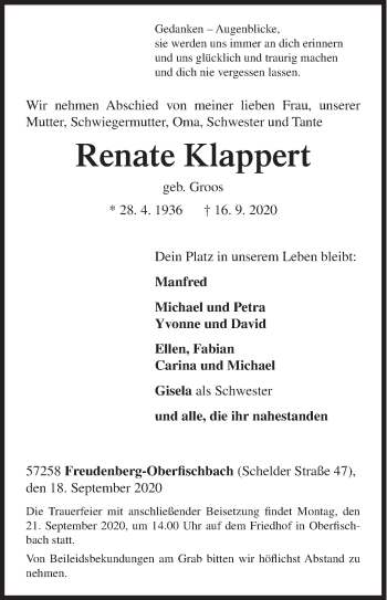 Traueranzeige von Renate Klappert von Siegener Zeitung