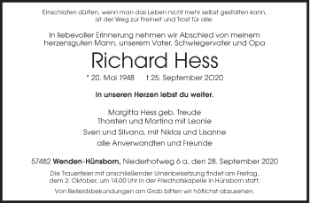 Traueranzeige von Richard Hess von Siegener Zeitung