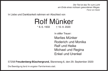 Traueranzeige von Rolf Münker von Siegener Zeitung