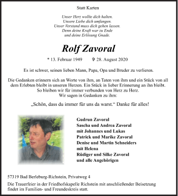 Traueranzeige von Rolf Zavoral von Siegener Zeitung