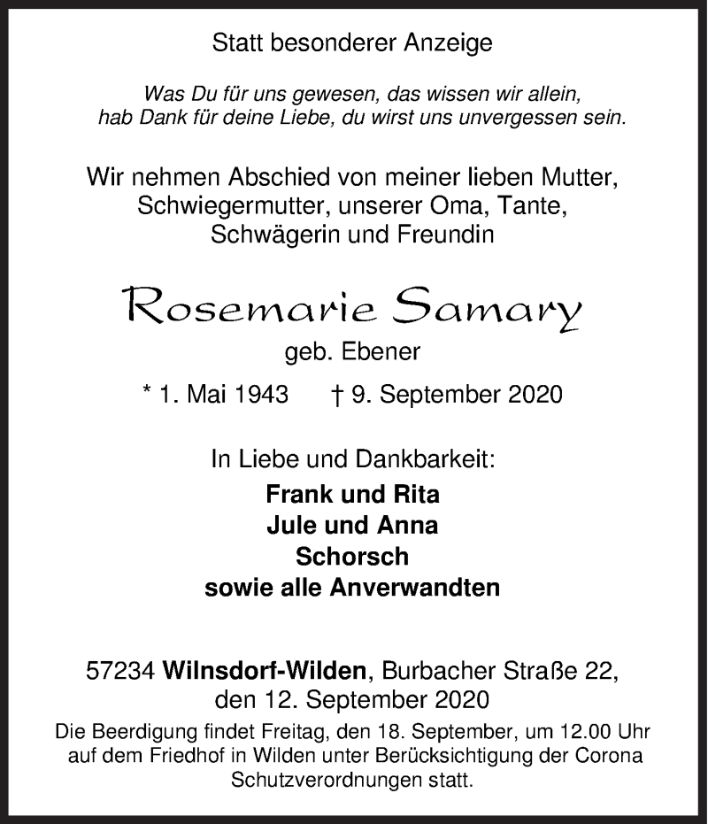  Traueranzeige für Rosemarie Samary vom 12.09.2020 aus Siegener Zeitung