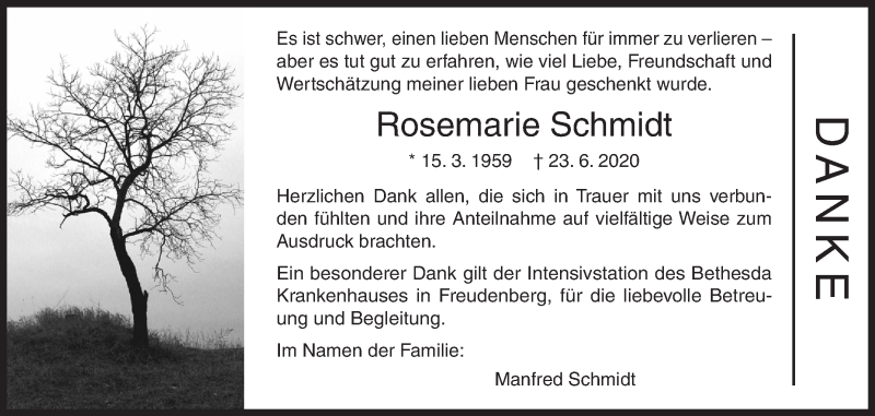  Traueranzeige für Rosemarie Schmidt vom 02.09.2020 aus Siegener Zeitung