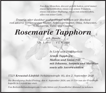 Traueranzeige von Rosemarie Tapphorn von Siegener Zeitung