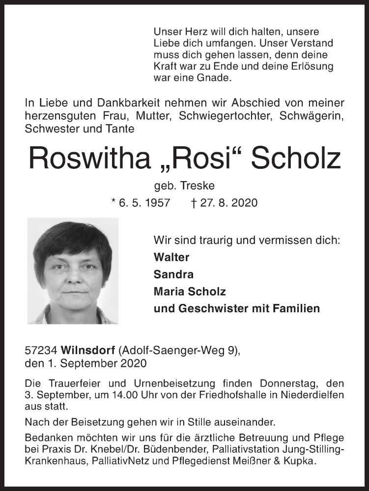  Traueranzeige für Roswitha Scholz vom 01.09.2020 aus Siegener Zeitung