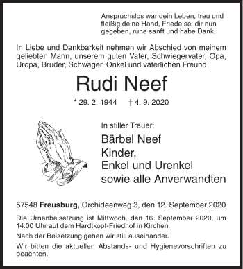 Traueranzeige von Rudi Neef von Siegener Zeitung