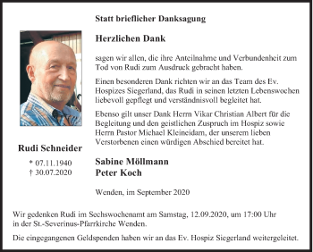 Traueranzeige von Rudi Schneider von Siegener Zeitung