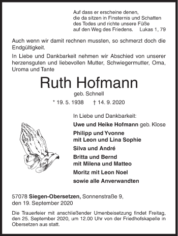 Traueranzeige von Ruth Hofmann von Siegener Zeitung