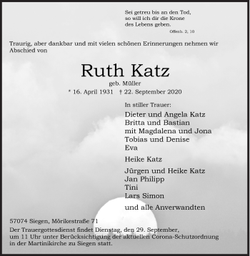 Traueranzeige von Ruth Katz von Siegener Zeitung