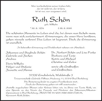 Traueranzeige von Ruth Schön von Siegener Zeitung