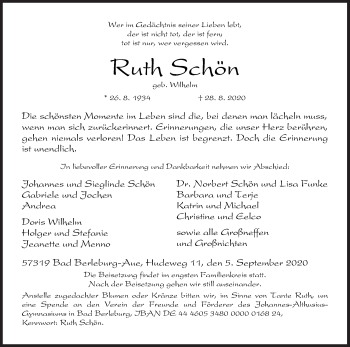 Traueranzeige von Ruth Schön von Siegener Zeitung