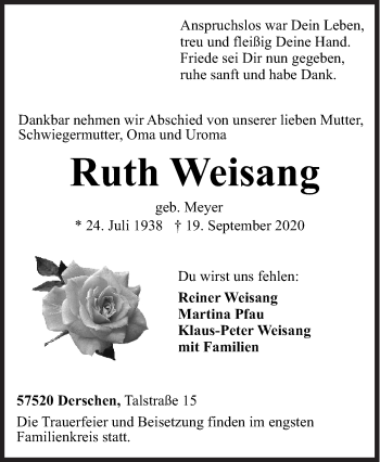 Traueranzeige von Ruth Weisang von Siegener Zeitung