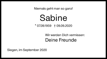 Traueranzeige von Sabine  von Siegener Zeitung