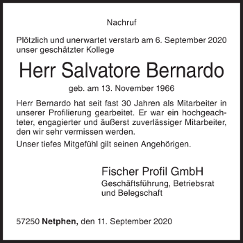 Traueranzeige von Salvatore Bernardo von Siegener Zeitung