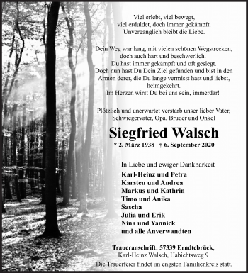 Traueranzeige von Siegfried Walsch von Siegener Zeitung