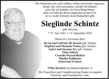 Traueranzeige von Sieglinde Schintz von Siegener Zeitung