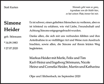 Traueranzeige von Simone Heider von Siegener Zeitung