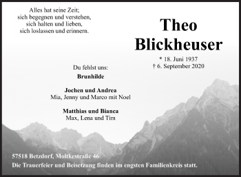 Traueranzeige von Theo Blickheuser von Siegener Zeitung