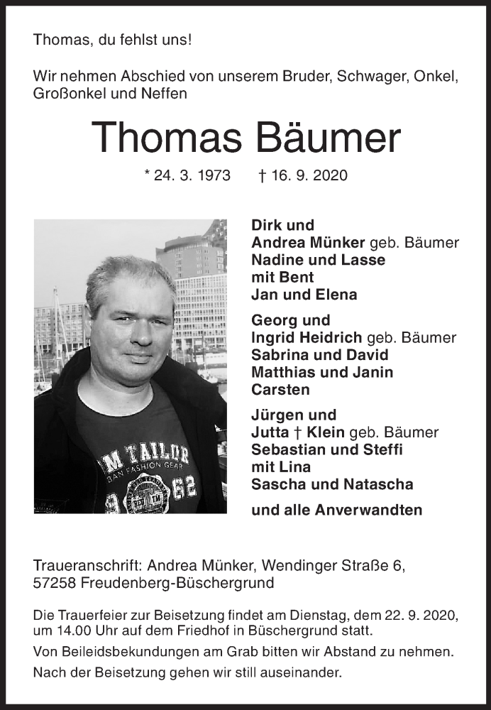  Traueranzeige für Thomas Bäumer vom 19.09.2020 aus Siegener Zeitung