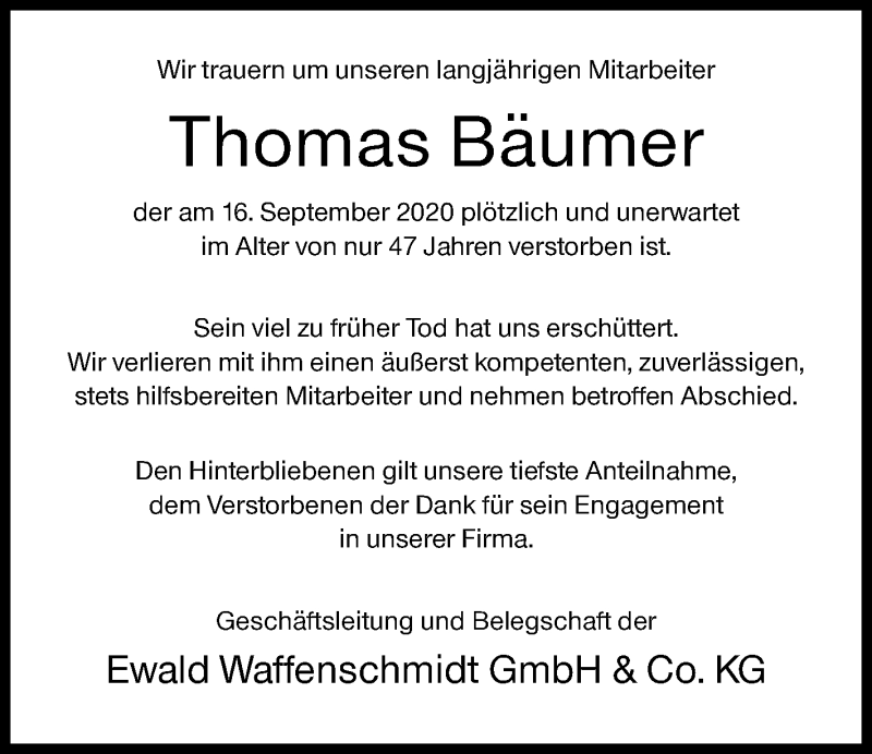  Traueranzeige für Thomas Bäumer vom 19.09.2020 aus Siegener Zeitung