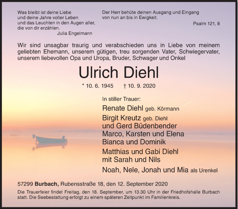  Traueranzeige für Ulrich Diehl vom 12.09.2020 aus Siegener Zeitung
