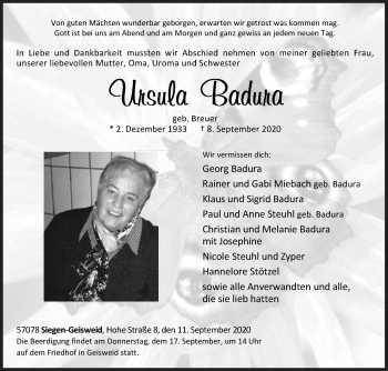 Traueranzeige von Ursula Badura von Siegener Zeitung