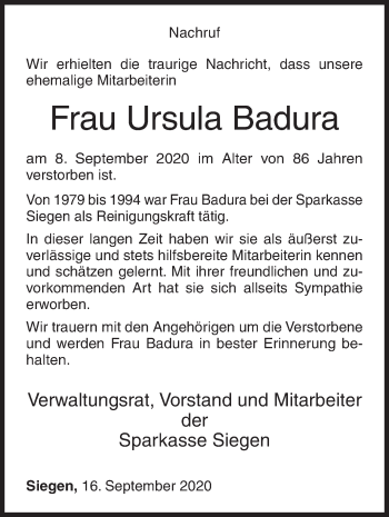 Traueranzeige von Ursula Badura von Siegener Zeitung