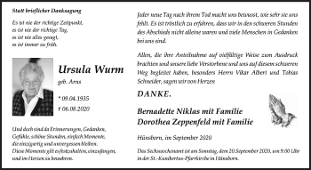 Traueranzeige von Ursula Wurm von Siegener Zeitung