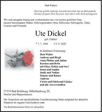 Traueranzeige von Ute Dickel von Siegener Zeitung