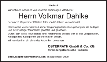 Traueranzeige von Volkmar Dahlke von Siegener Zeitung